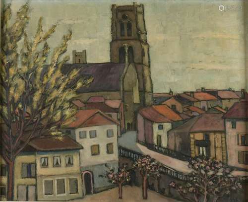 Verso Eyck. Circa 1950. Cityscape. Oil paint on panel.