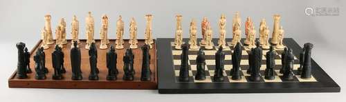 Three chess sets. Include: Anri set, gnomes, wooden