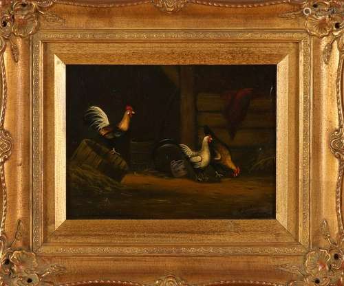 A. Verwey. Approximately 1900. Chickens in stable. Oil