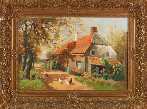 W. Verhave. Circa 1930. Sunny farm with chickens. Oil