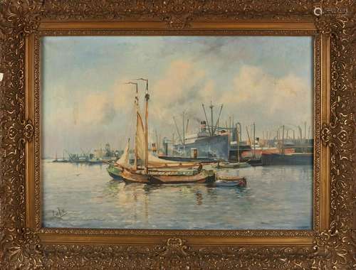 A. v.d. Ven. Circa 1930. Dutch harbor scene with boats.