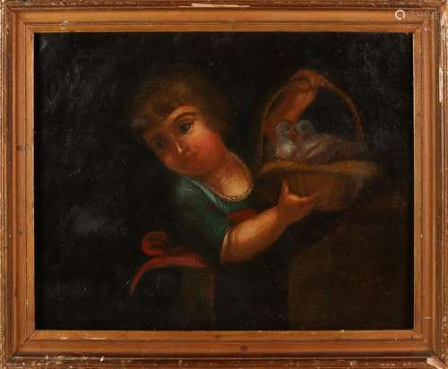 Unclear. 19th century. Girl with basket and pigeons.