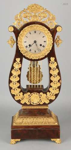 Lovely large mahogany lyre Empire ormolu mantel clock