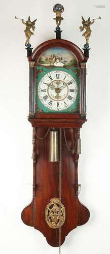 Antique elm wood Frisian clock with mechanics. Swan