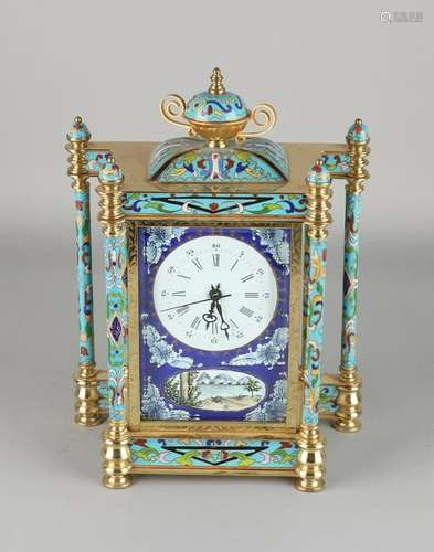 Big old brass cloisonne table clock with full columns