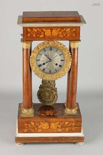 Antique French walnut portal clock with floral