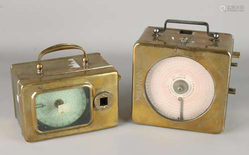 Two antique brass pigeon clocks. First half 20th