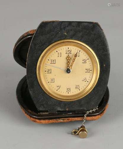 Saddlebag old clock with leather sheath. Circa 1930.