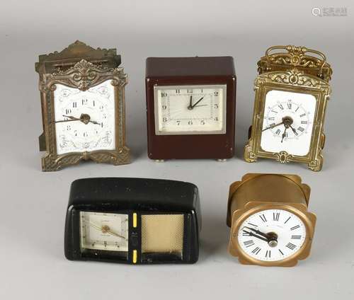 Five old / antique travel alarm clocks. Divers. Three