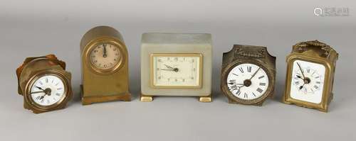 Five old / antique travel alarm clocks. Divers. Four