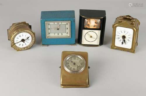 Five old / antique travel alarms, three times brass.