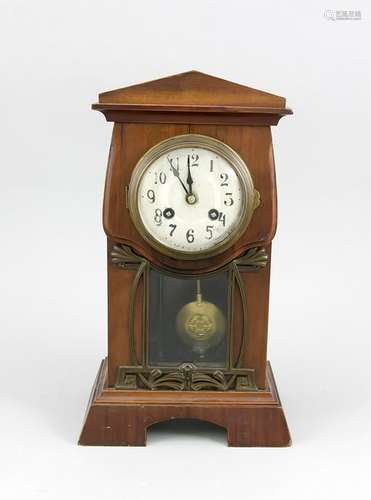 Antique walnut Nouveau table clock with metal decor