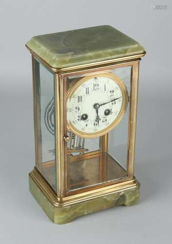 Antique French brass glass clock with green onyx. Circa