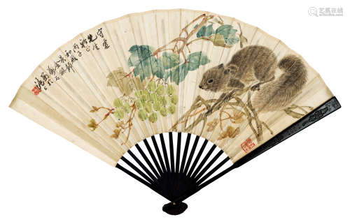 金梦石（1869～1952）王新铭 松鼠图、书法 成扇 设色纸本