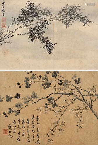 钱杜（1764～1845）杨晋 花卉 镜片 （二开） 设色纸本