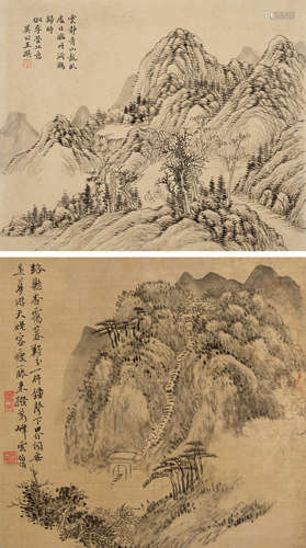 吴伯滔（1840～1895）王撰 山水 镜片 （二开） 水墨绢本