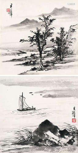 黄君璧（1898～1991） 山水 （二帧） 镜框 水墨纸本