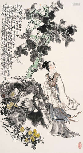 韩敏（b.1929） 梧桐仕女 镜框 设色纸本