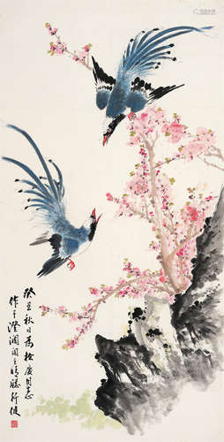 钱行健（b.1935） 花鸟 镜框 设色纸本