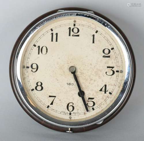 Bakelite English wall clock with chrome. Circa 1940.