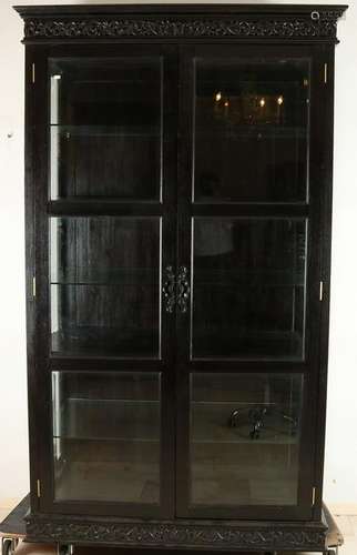 High large two-door teak display cabinet with faceted