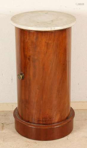 Mahogany Empire drum cabinet with marble top. Circa