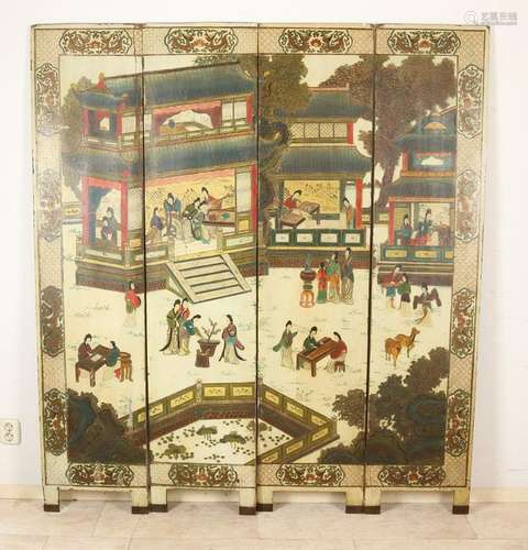 19th Century sided wooden painted folding screen with