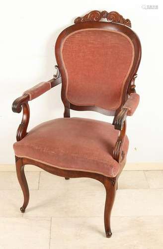 19th Century mahogany armchair with velor upholstery.