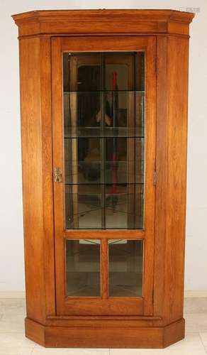 Antique oak one-door display case with corner mirrors