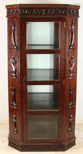 Octagonal two-door display case with teak faceted glass