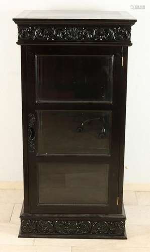 Dark stained wood inserted cabinet. One-door with