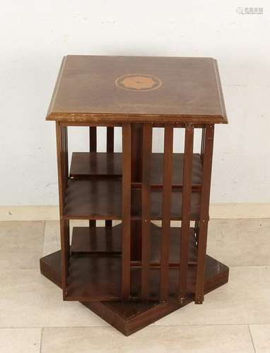 Antique English mahogany book mill with intarsia top.