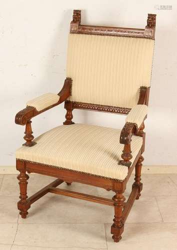 Antique oak Mechelen armchair with lion heads. Neo