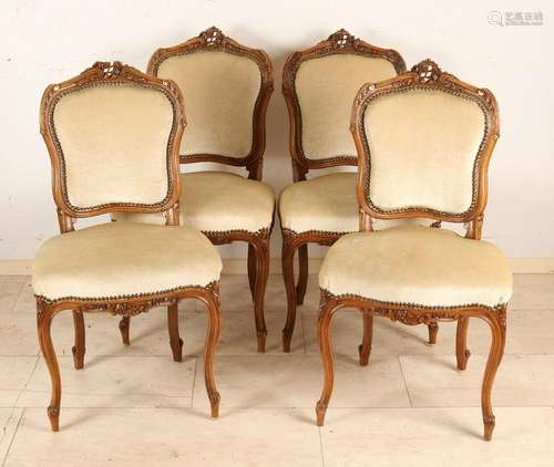 Four antique walnut Rococo-style chairs with good velor