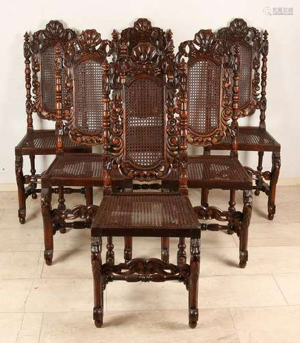 Six antique French oak Neo Renaissance stabbed chairs