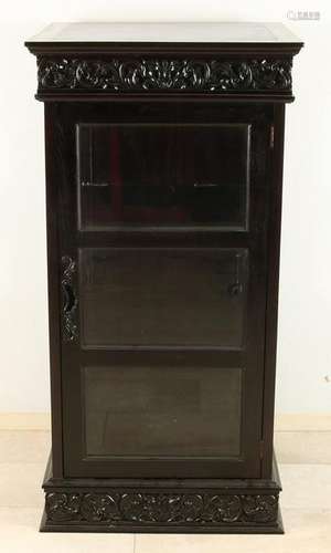 Dark stained wood inserted cabinet. One-door with