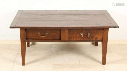 Solid oak coffee table with drawers. Style furniture.