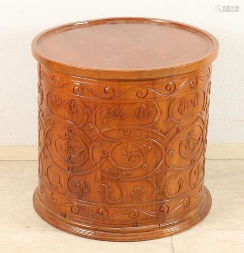 Wood Carved Oriental teak side table in drum shape.