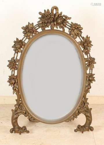 Antique wood stabbed mirror with floral decor and