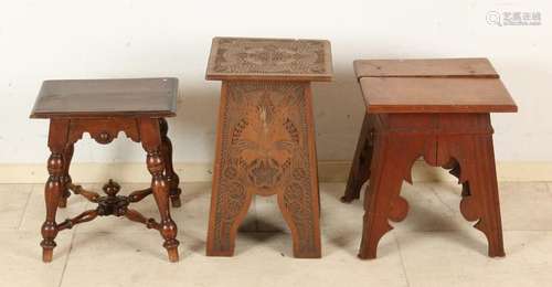 Three antique stools, side tables. Oak + walnut. Circa