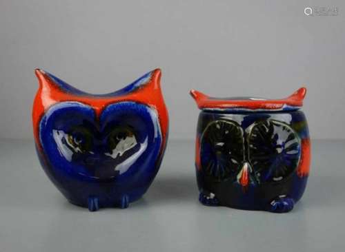 KÜNSTLERKERAMIK: EULEN-DECKELDOSE und EULEN-SPARDOSE / two pottery owls, 1960er / 1970er Jahre, 1