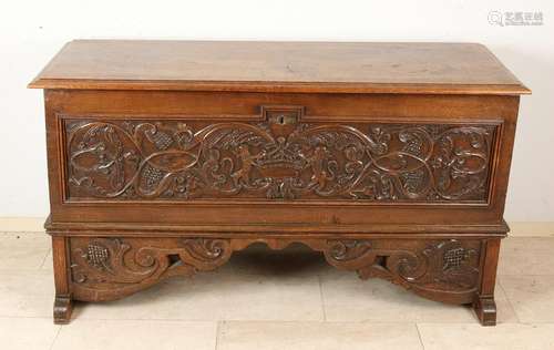 18th Century German oak blanket chest with grapevines