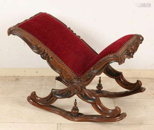 19th Century walnut stool with carved and velor