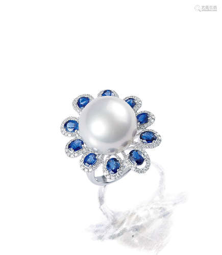 珍珠配蓝宝石及钻石戒指