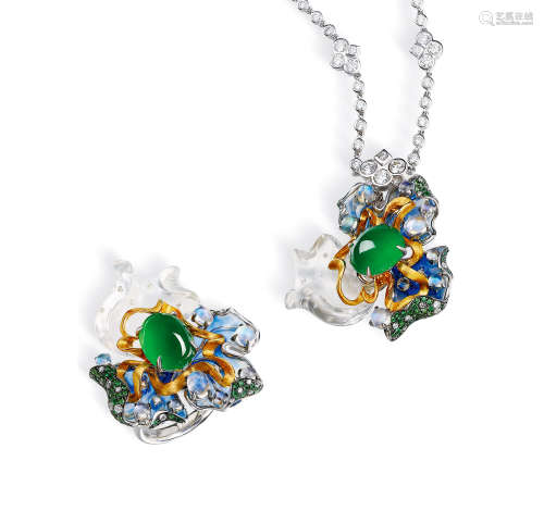龙梓嘉设计 「东方花园系列」天然翡翠配彩色宝石及钻石项链及戒指 （一套）