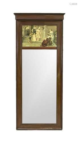 Mirror in lithography behind glass. Circa 1900. Walnut.