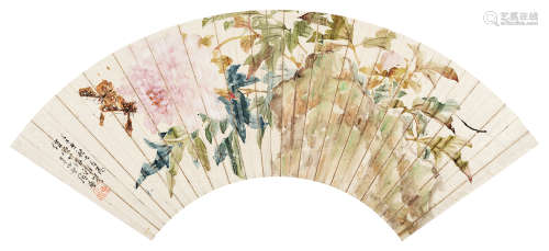 居廉（1828～1904） 1901年作 牡丹 扇面 设色纸本