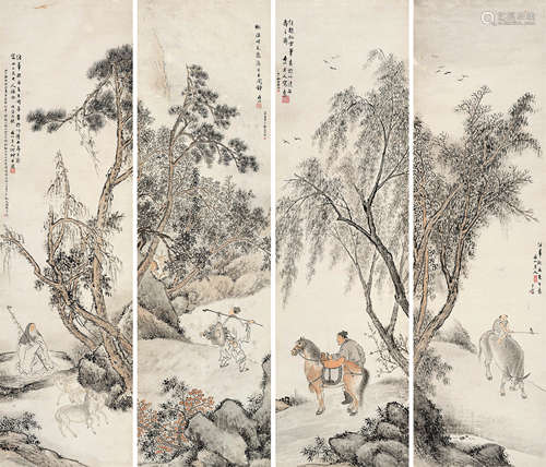 何丹山（1807～1875） 山水人物 四屏立轴 设色纸本