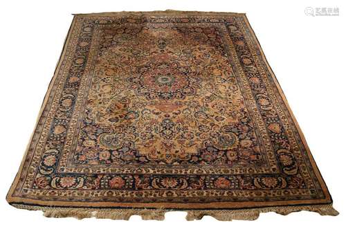 Big old Persian rug with floral decor. In the colors: