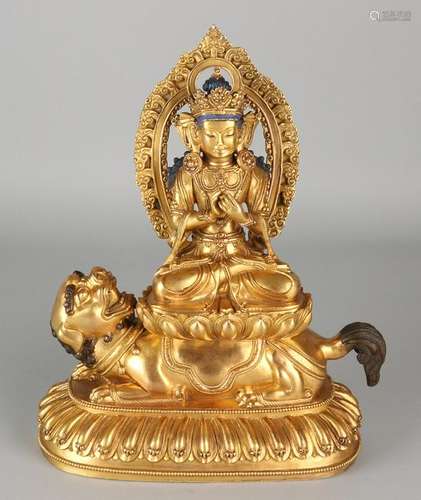 Ancient Chinese bronze gilded Buddha in lotus position